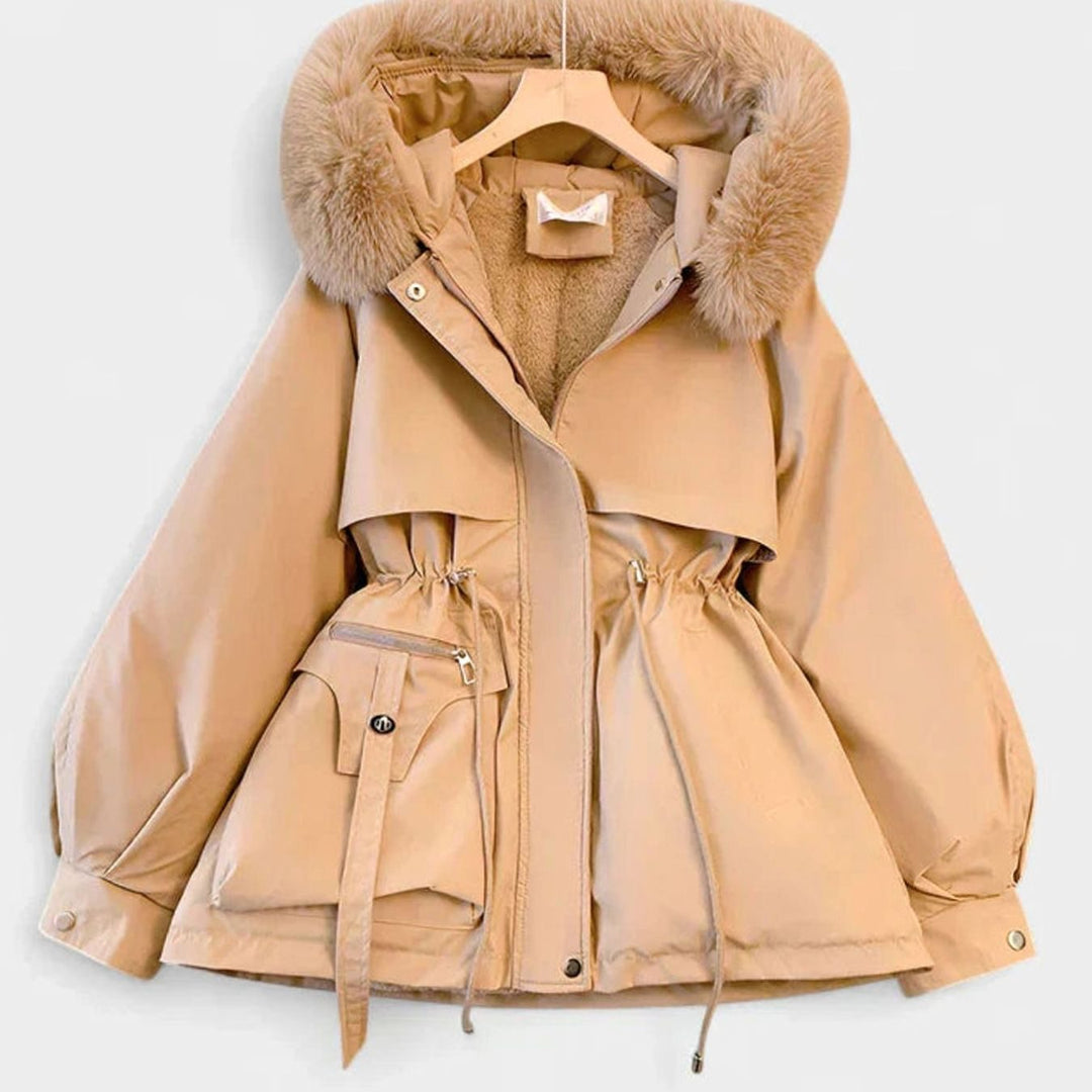 Women's Elegant Faux-Fur Hooded Drawstring Winter Jacket - Khaki