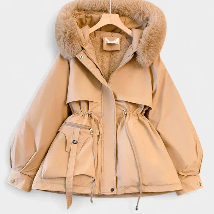 Women's Elegant Faux-Fur Hooded Drawstring Winter Jacket - Khaki