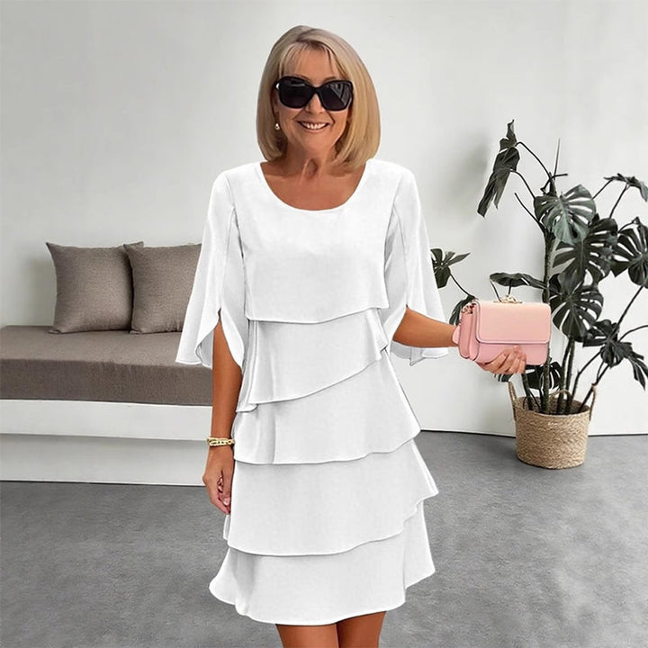 Women's Elegant Layered Ruffle-Sleeve Midi Dress - White