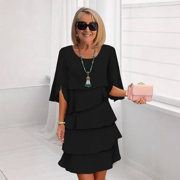 Women's Elegant Layered Ruffle-Sleeve Midi Dress - Black