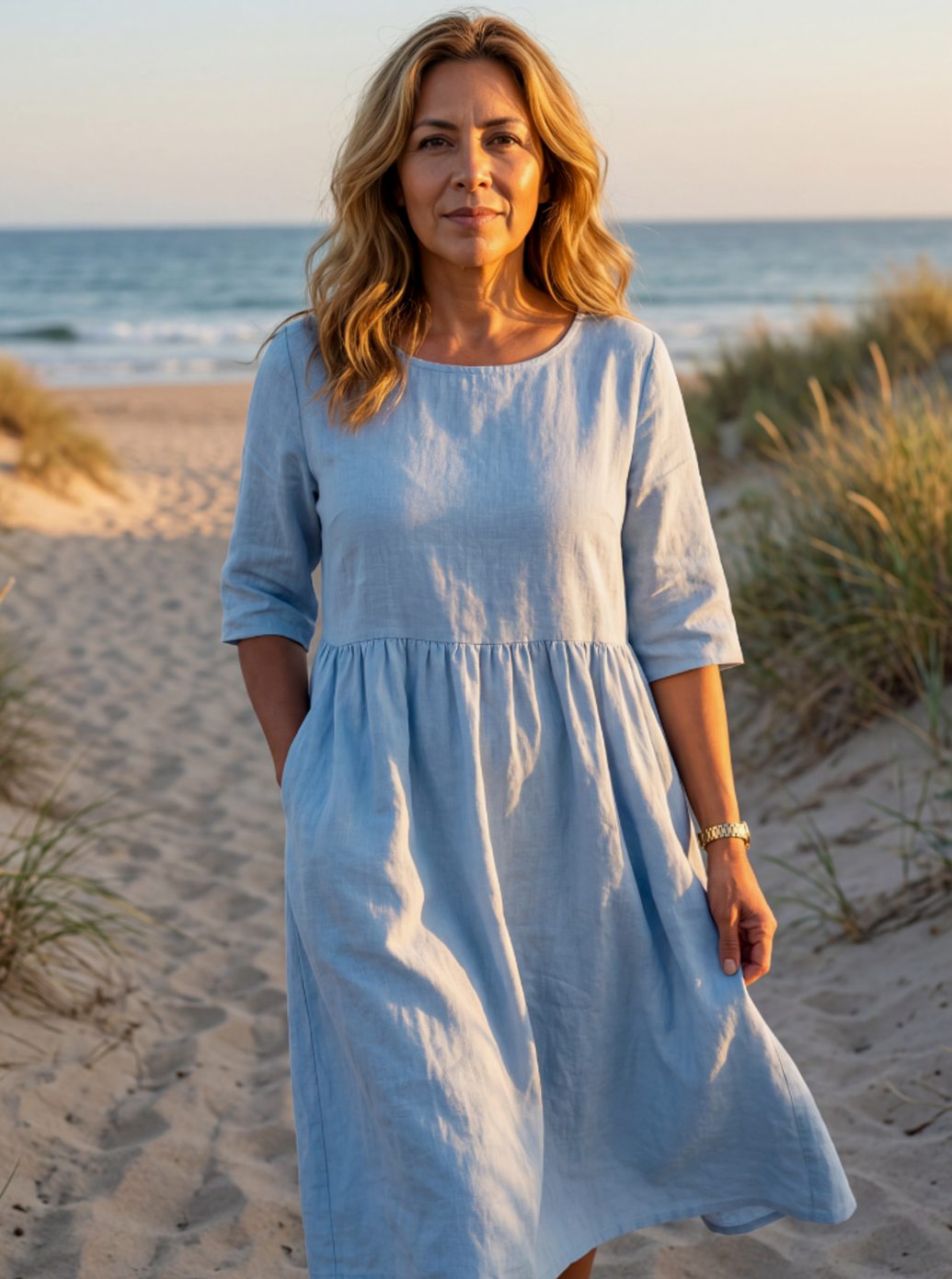 Women's Elegant Linen Midi Dress Round Neck Half Sleeve - Blue