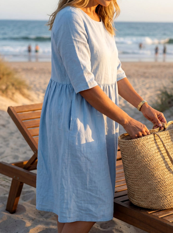 Women's Elegant Linen Midi Dress Round Neck Half Sleeve