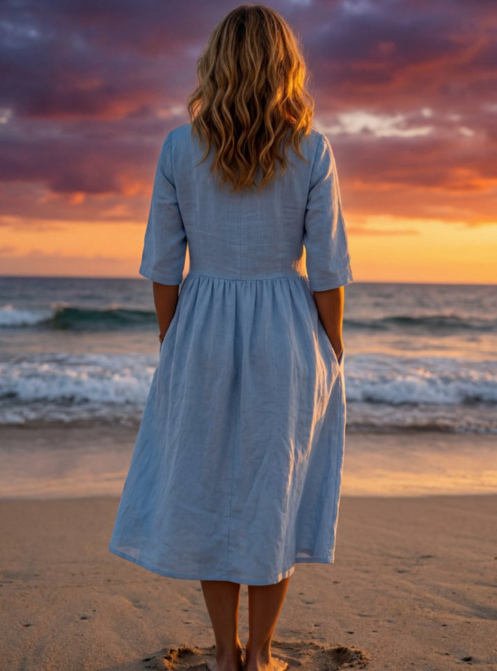 Women's Elegant Linen Midi Dress Round Neck Half Sleeve