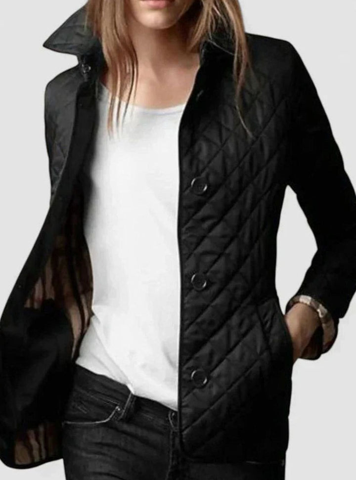 Women's Elegant Quilted Winter Coat Button-Front Jacket - Black