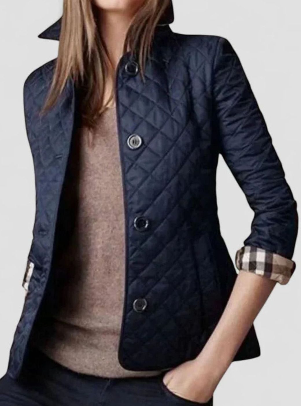 Women's Elegant Quilted Winter Coat Button-Front Jacket - Navy Blue