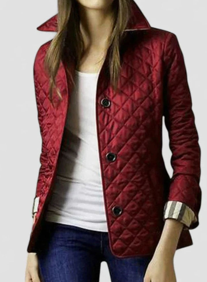Women's Elegant Quilted Winter Coat Button-Front Jacket - Wine Red
