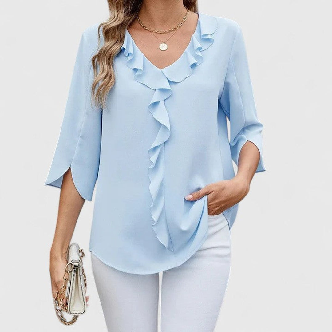 Women's Elegant Ruffle V-Neck Three-Quarter Sleeve Blouse
