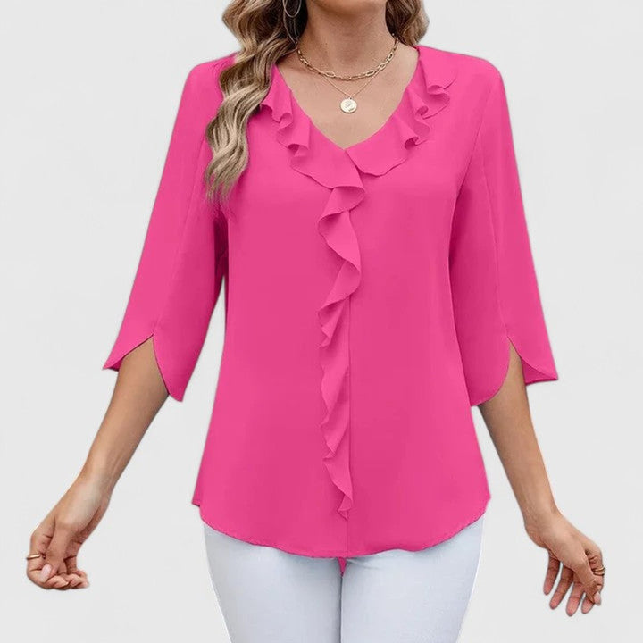 Women's Elegant Ruffle V-Neck Three-Quarter Sleeve Blouse - Pink