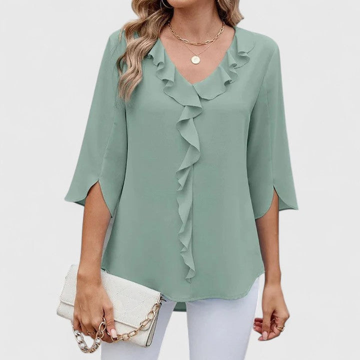 Women's Elegant Ruffle V-Neck Three-Quarter Sleeve Blouse - Green