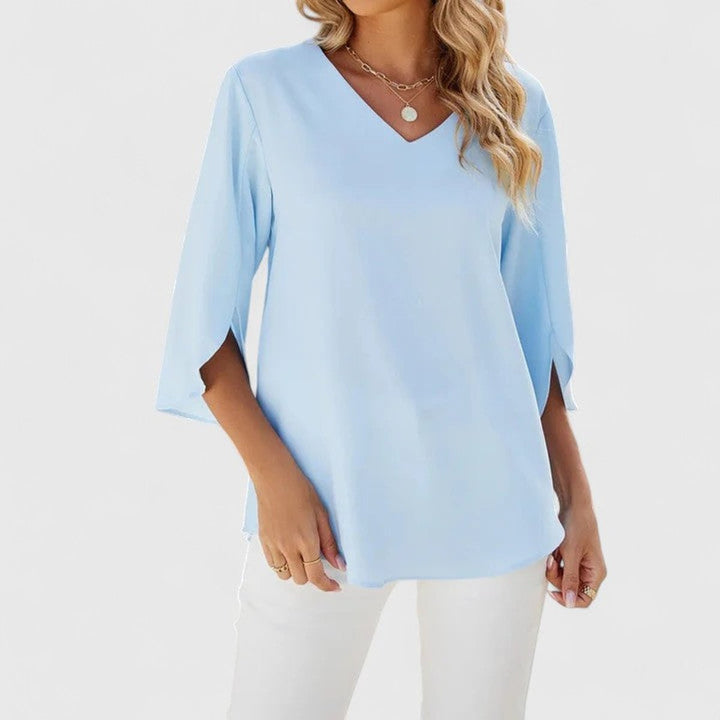 Women's Elegant Ruffle V-Neck Three-Quarter Sleeve Blouse - Classic Blue