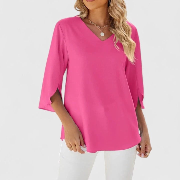 Women's Elegant Ruffle V-Neck Three-Quarter Sleeve Blouse - Classic Pink