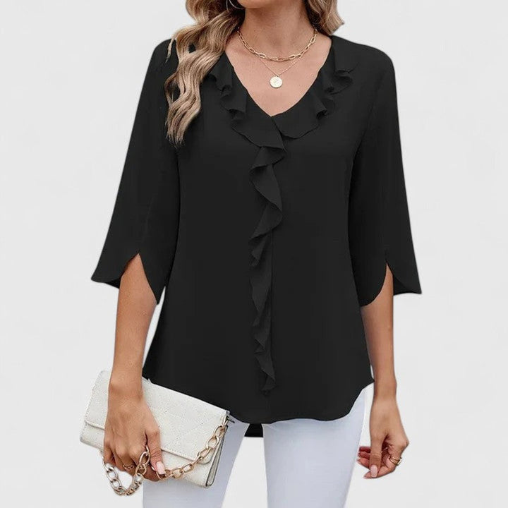 Women's Elegant Ruffle V-Neck Three-Quarter Sleeve Blouse - Black