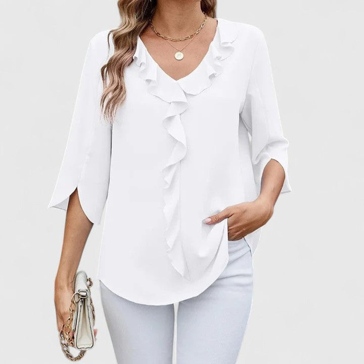 Women's Elegant Ruffle V-Neck Three-Quarter Sleeve Blouse - White