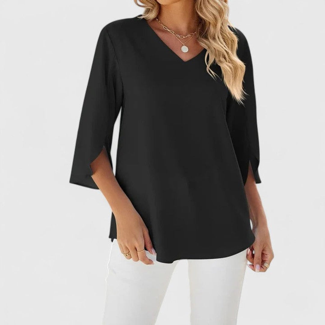 Women's Elegant Ruffle V-Neck Three-Quarter Sleeve Blouse - Classic Black