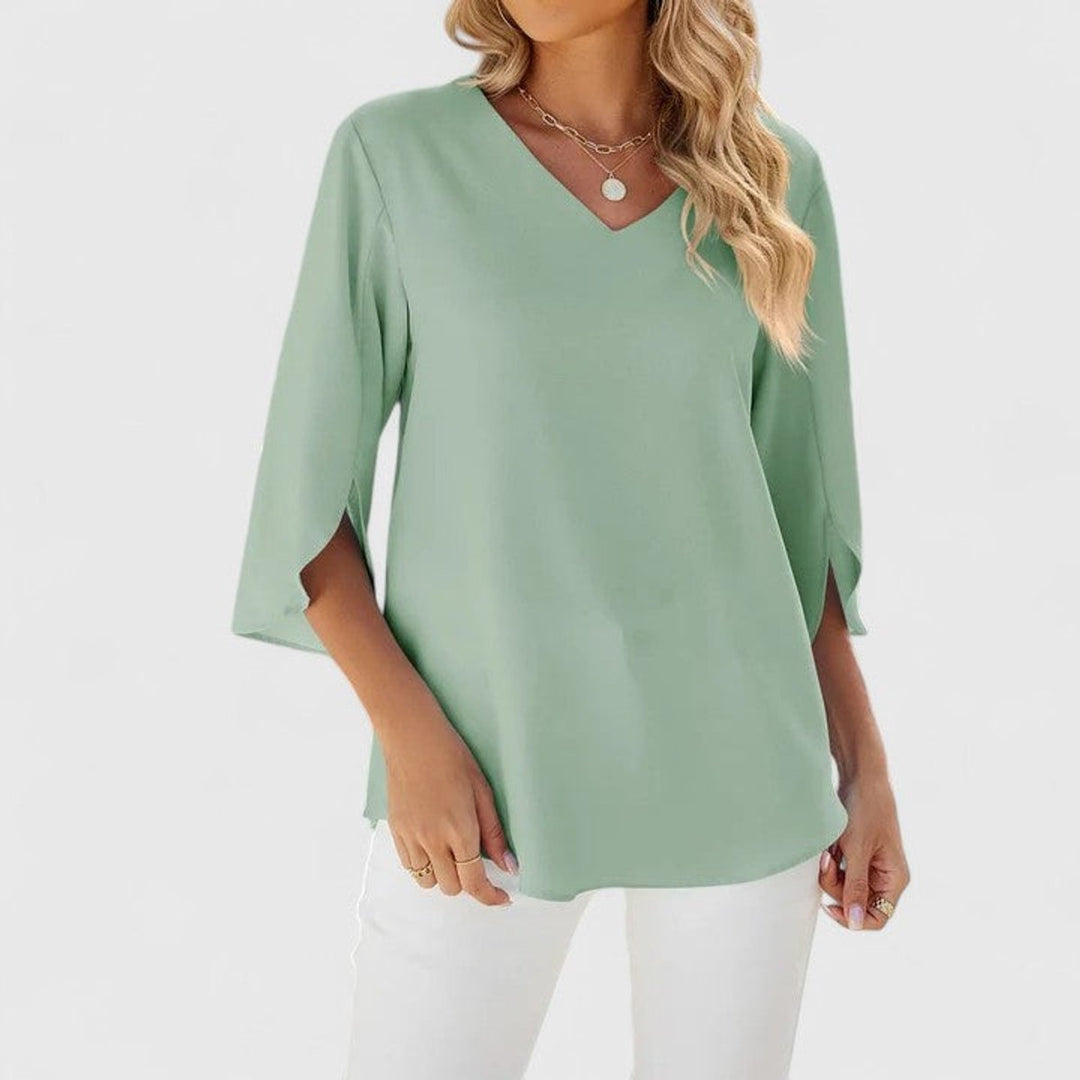 Women's Elegant Ruffle V-Neck Three-Quarter Sleeve Blouse - Classic Green