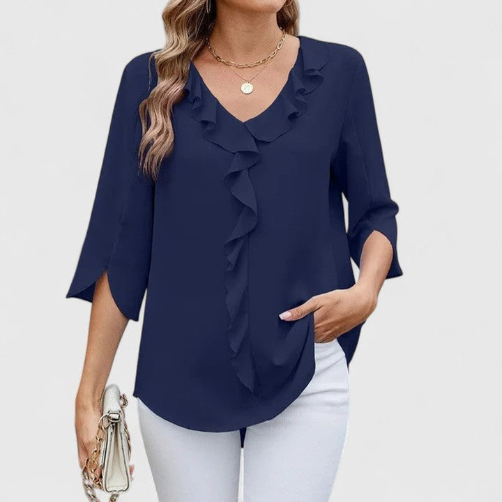 Women's Elegant Ruffle V-Neck Three-Quarter Sleeve Blouse - Blue