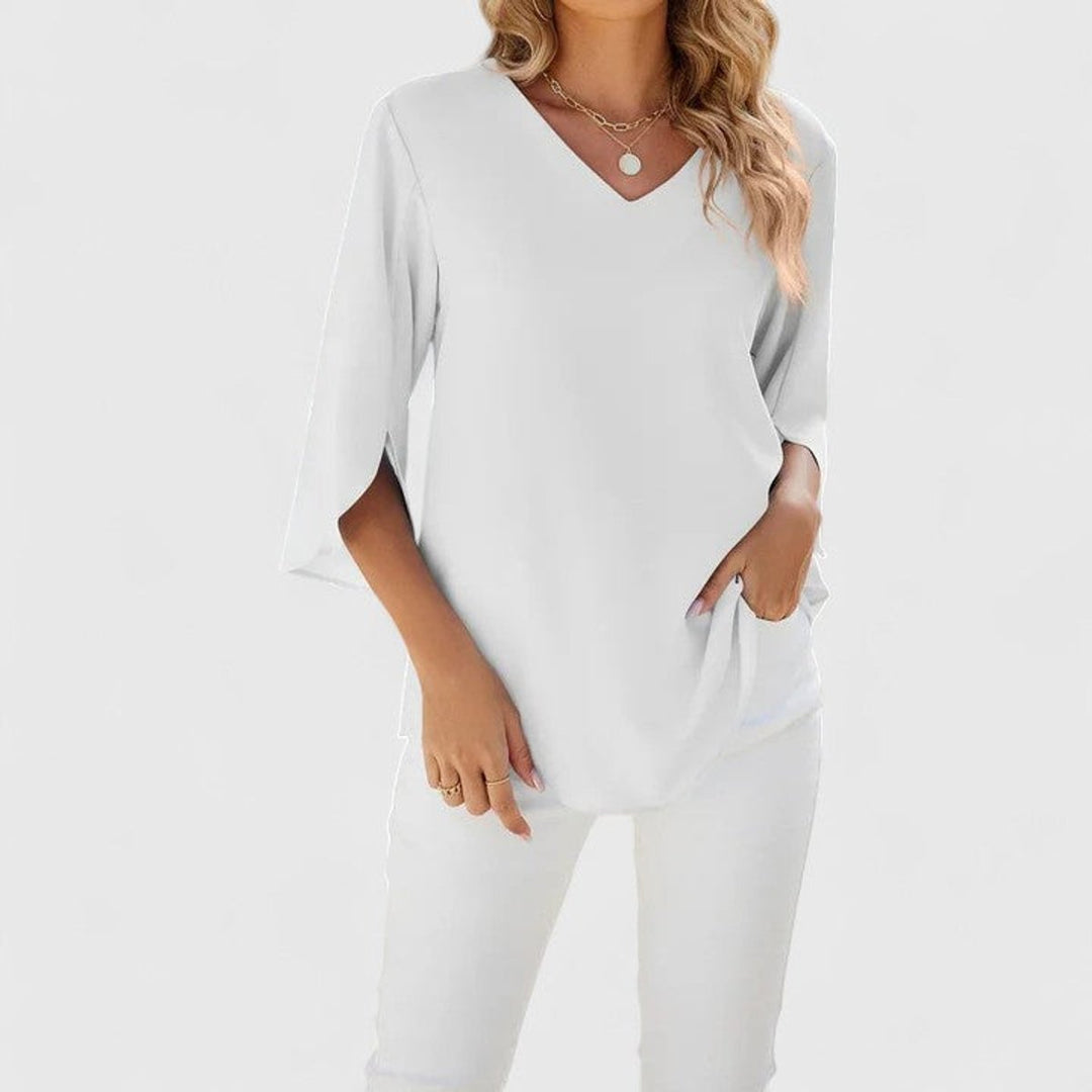 Women's Elegant Ruffle V-Neck Three-Quarter Sleeve Blouse - Classic White