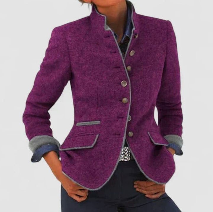 Women's Elegant Stand-Collar Button-Front Wool Blazer Cardigan - Purple