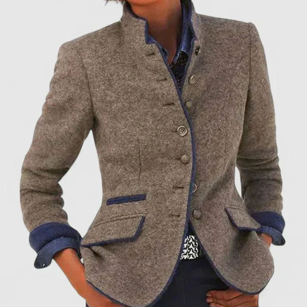 Women's Elegant Stand-Collar Button-Front Wool Blazer Cardigan - Caramel