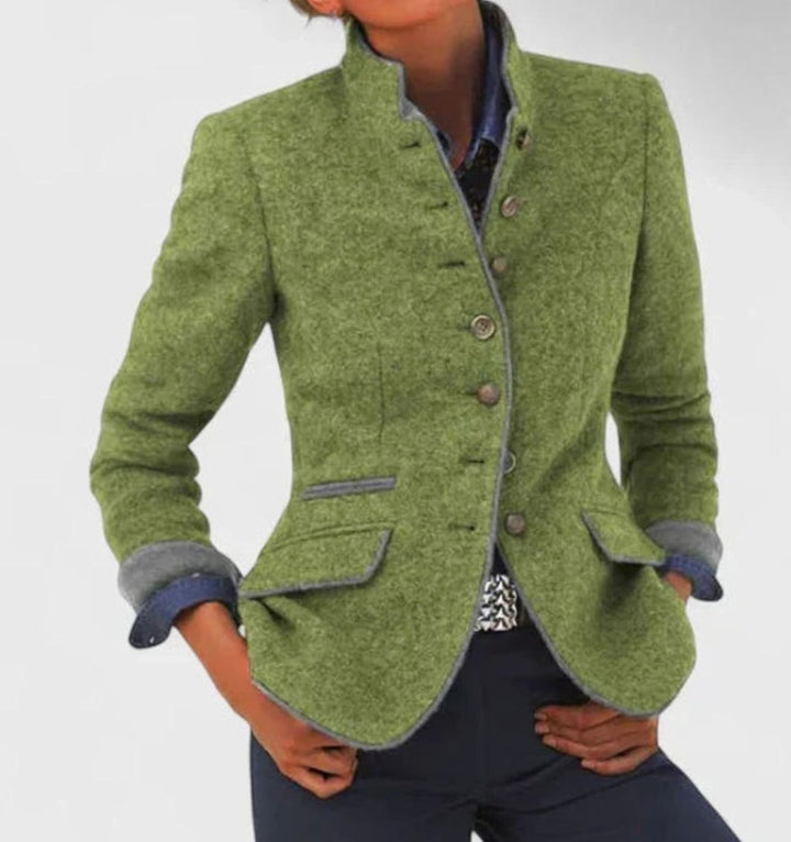 Women's Elegant Stand-Collar Button-Front Wool Blazer Cardigan - Green