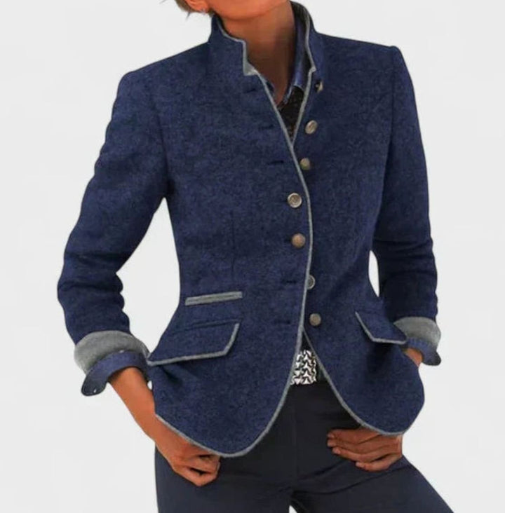 Women's Elegant Stand-Collar Button-Front Wool Blazer Cardigan - Blue