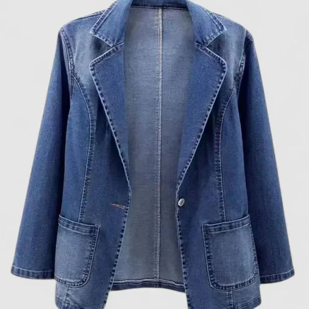Women's Elegant Straight-Cut Denim Blazer Jacket - Denim Blue