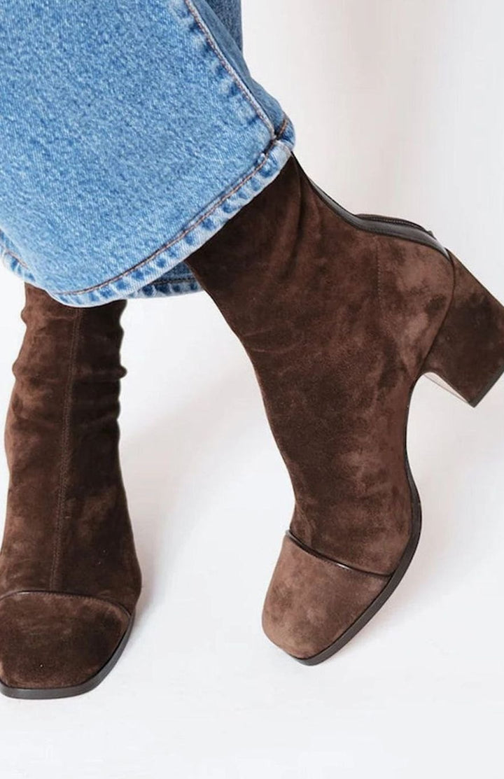 Women's Elegant Suede Square-Toe Block-Heel Boots - Dark Brown