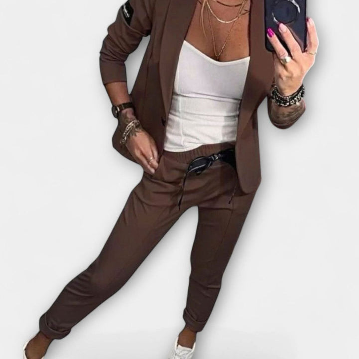Women's Elegant Three-Piece Blazer Winter Coat Jogger Pants Set - Brown