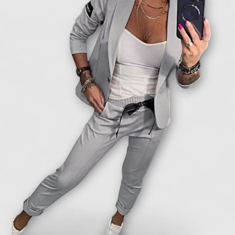 Women's Elegant Three-Piece Blazer Winter Coat Jogger Pants Set - Gray