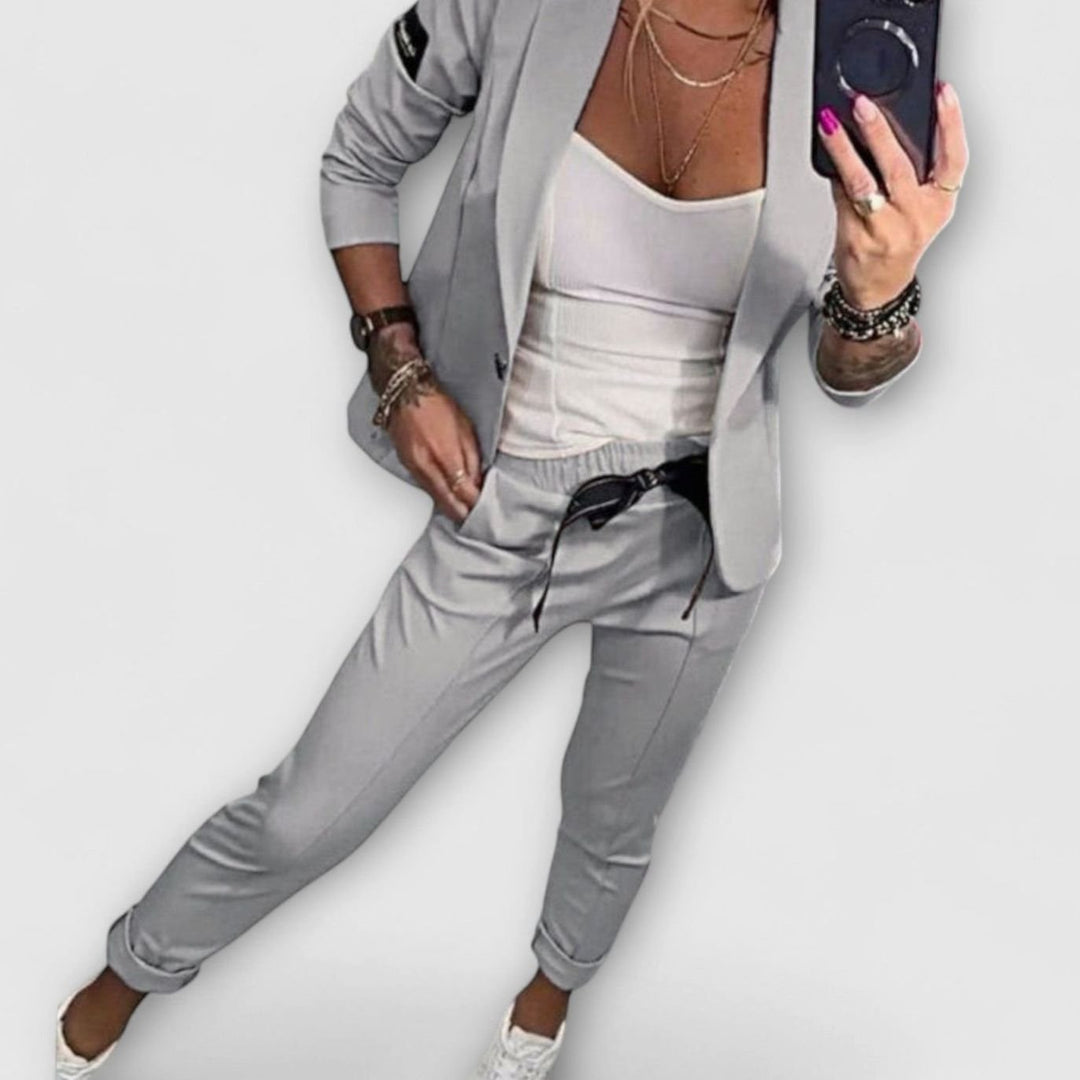 Women's Elegant Three-Piece Blazer Winter Coat Jogger Pants Set - Gray