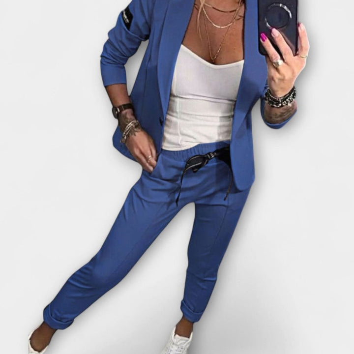 Women's Elegant Three-Piece Blazer Winter Coat Jogger Pants Set - Blue