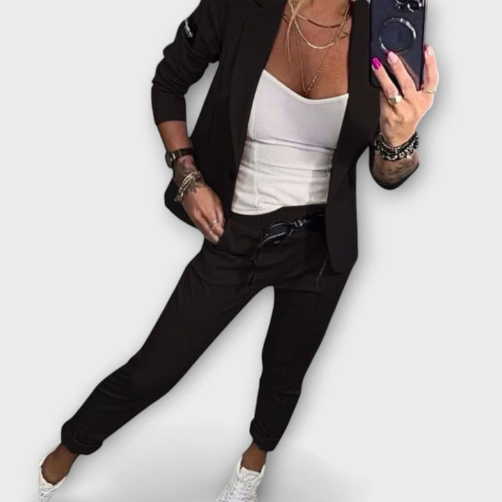 Women's Elegant Three-Piece Blazer Winter Coat Jogger Pants Set - Black
