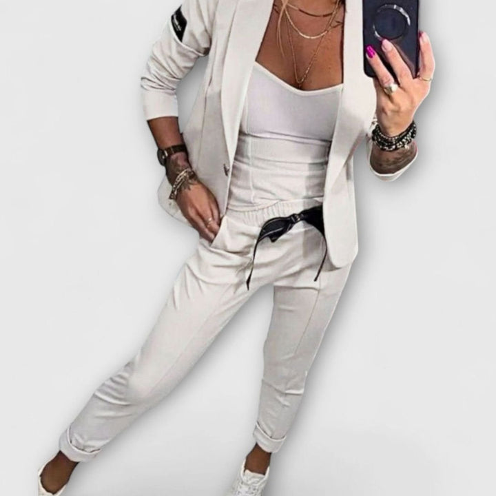 Women's Elegant Three-Piece Blazer Winter Coat Jogger Pants Set - White