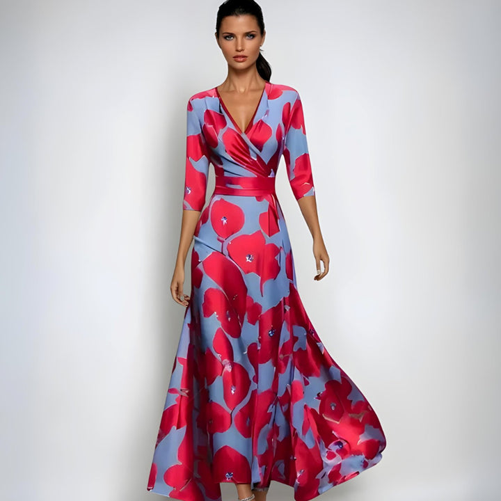 Women's Elegant V-Neck Wrap Maxi Floral Dress - Red/Blue