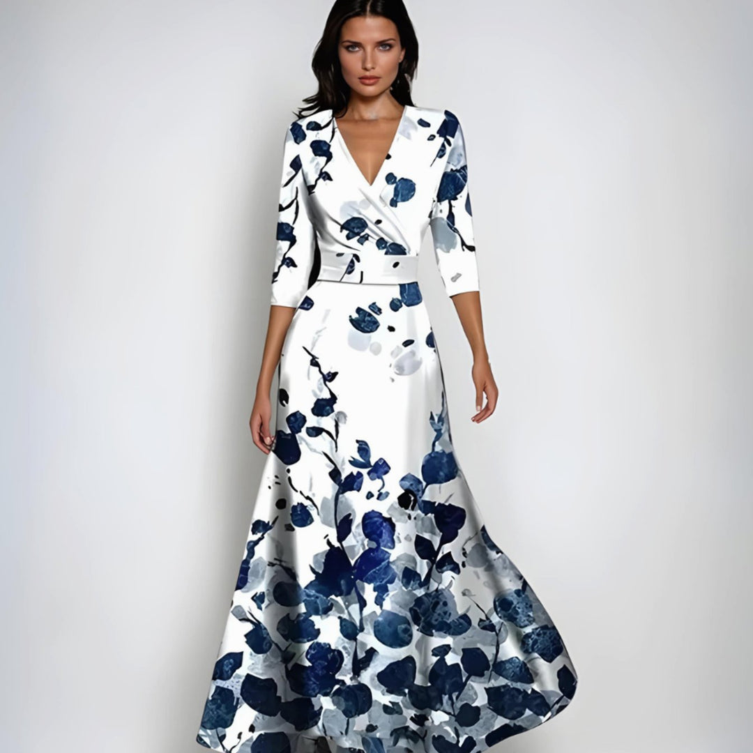 Women's Elegant V-Neck Wrap Maxi Floral Dress - White/Blue