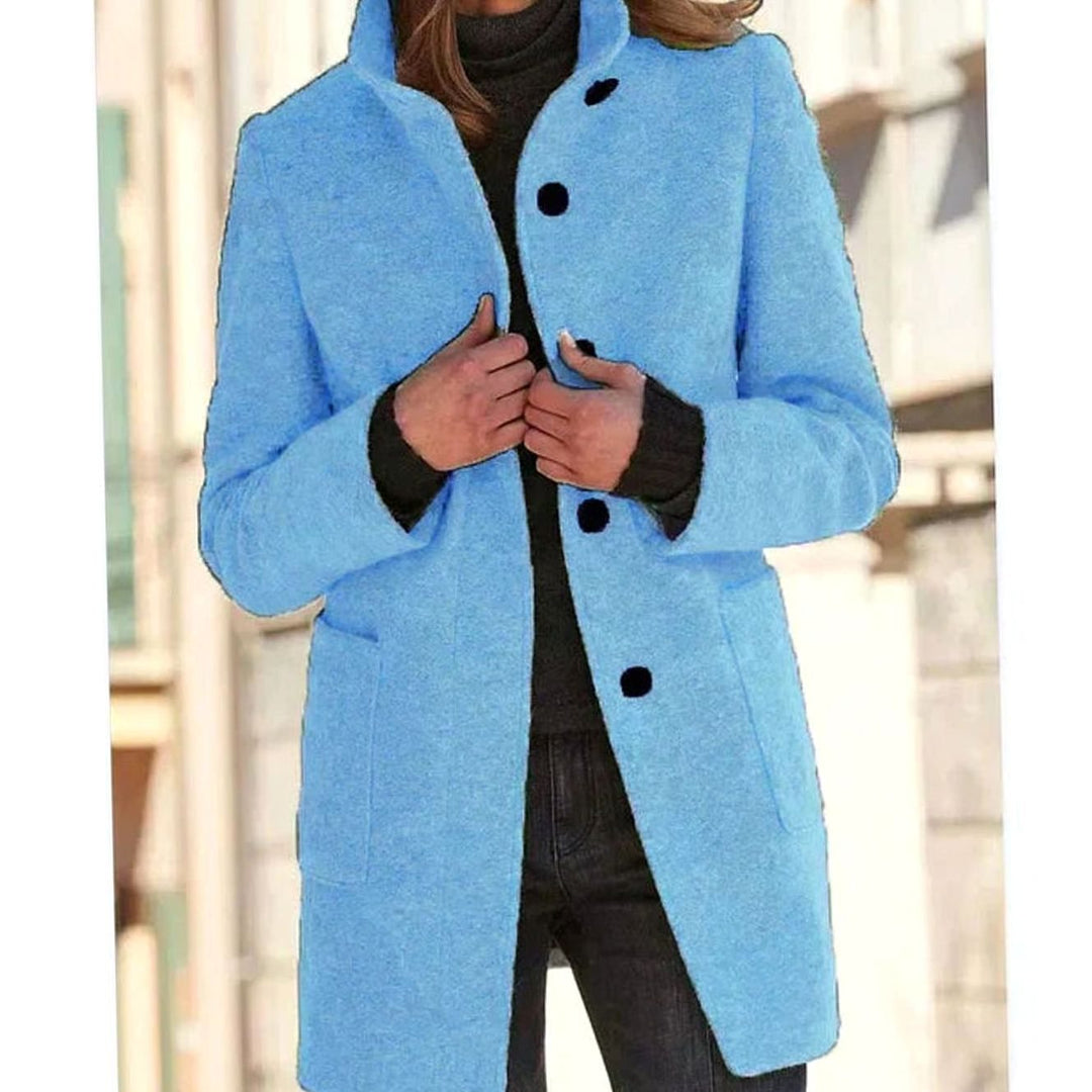 Women's Elegant Winter Coat Structured Single-Breasted Wool-Blend - Light Blue
