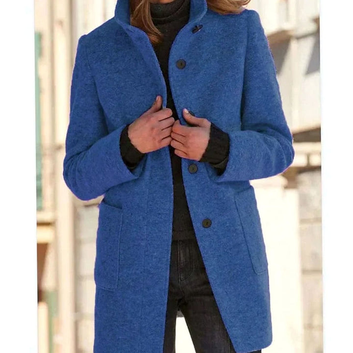 Women's Elegant Winter Coat Structured Single-Breasted Wool-Blend - Blue