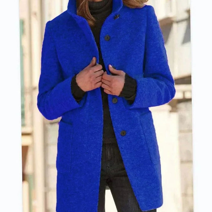 Women's Elegant Winter Coat Structured Single-Breasted Wool-Blend - Dark Blue