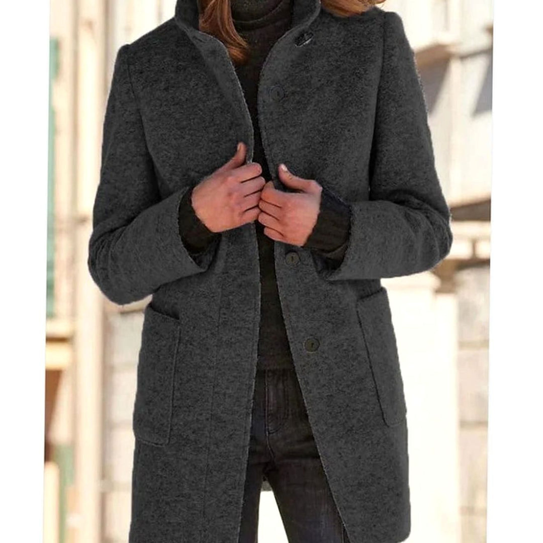 Women's Elegant Winter Coat Structured Single-Breasted Wool-Blend - Black