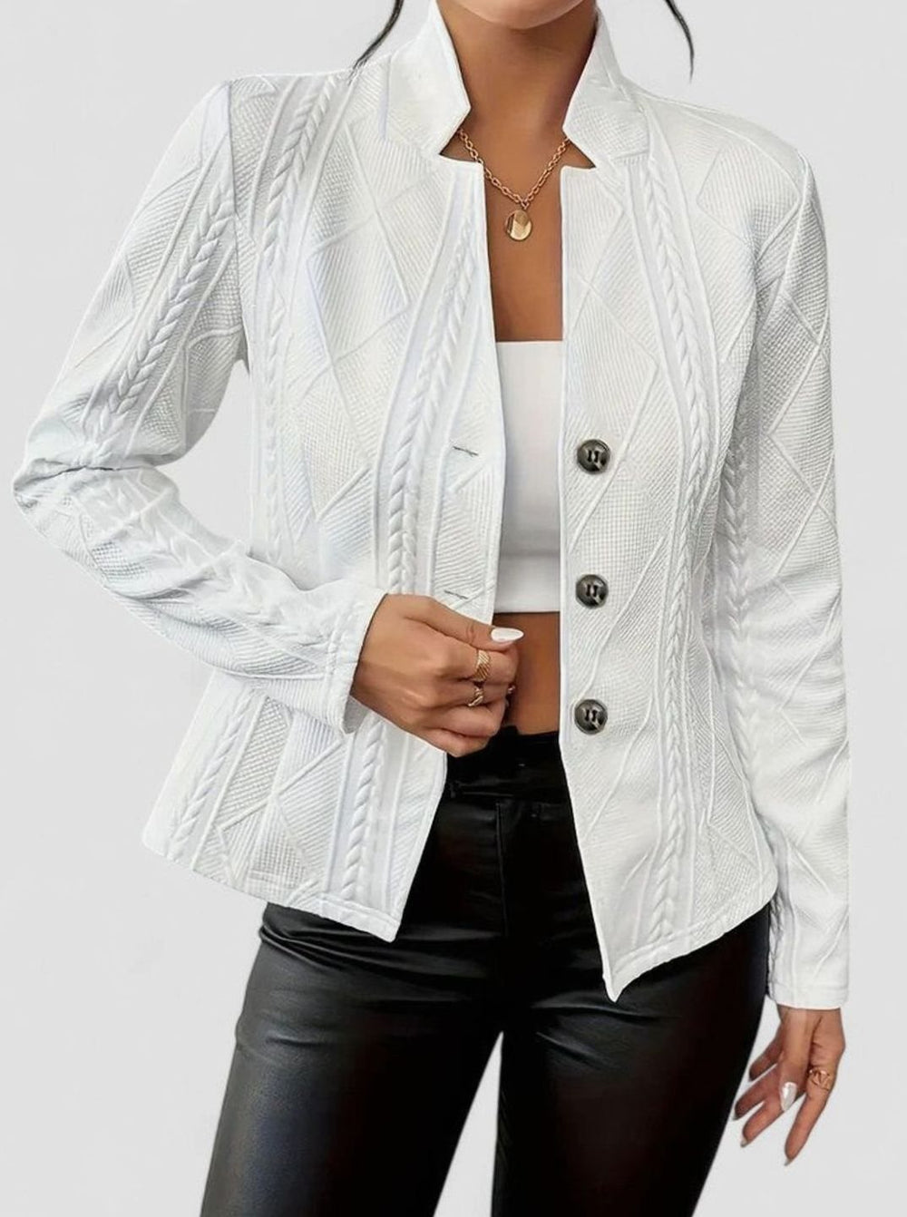 Women's Elegant Winter Coat Textured Button-Front Blazer Jacket - White