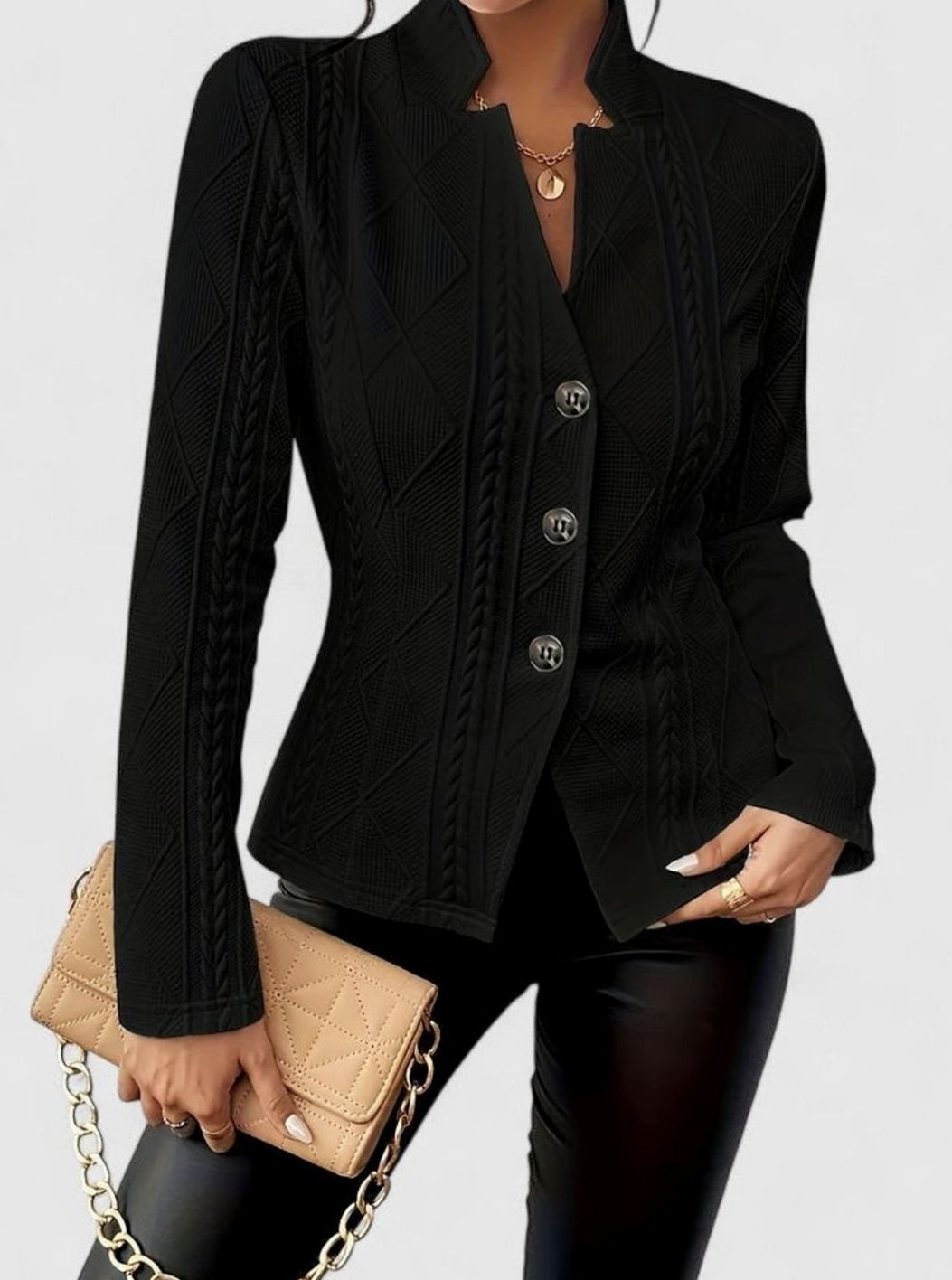 Women's Elegant Winter Coat Textured Button-Front Blazer Jacket - Black