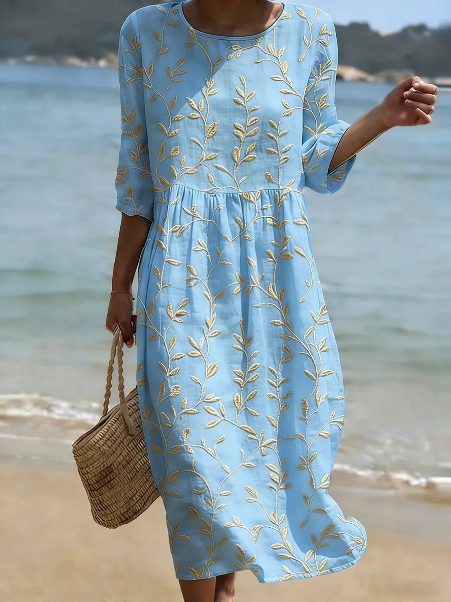 Women's Embroidered Leaf Print Midi Party Dress Round Neck - Blue
