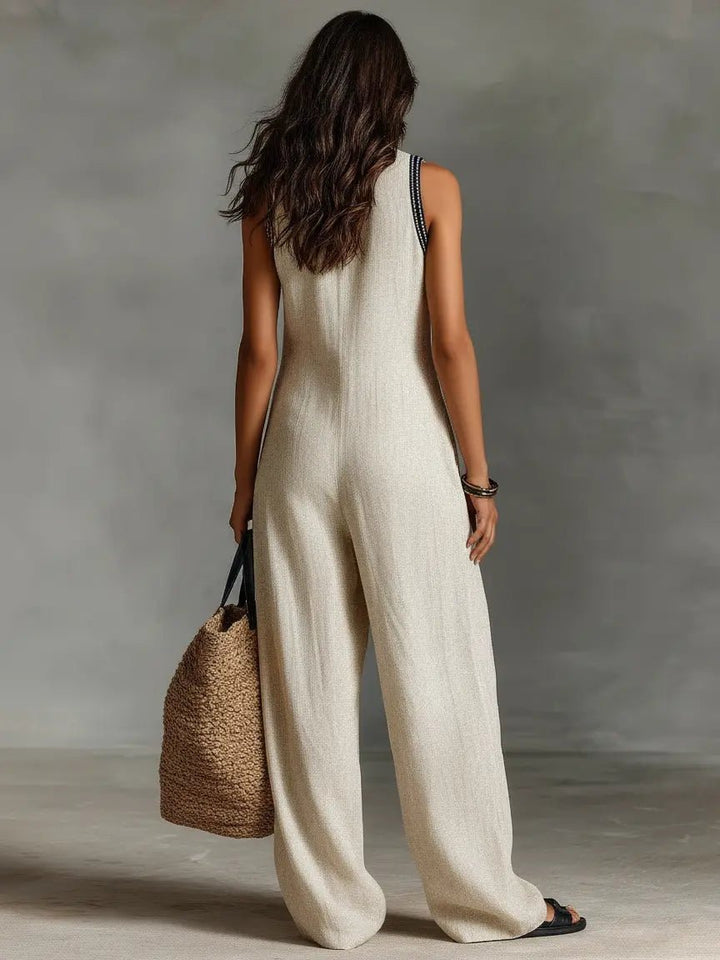 Women's Embroidered Linen Blend Sleeveless Wide-Leg Jumpsuit