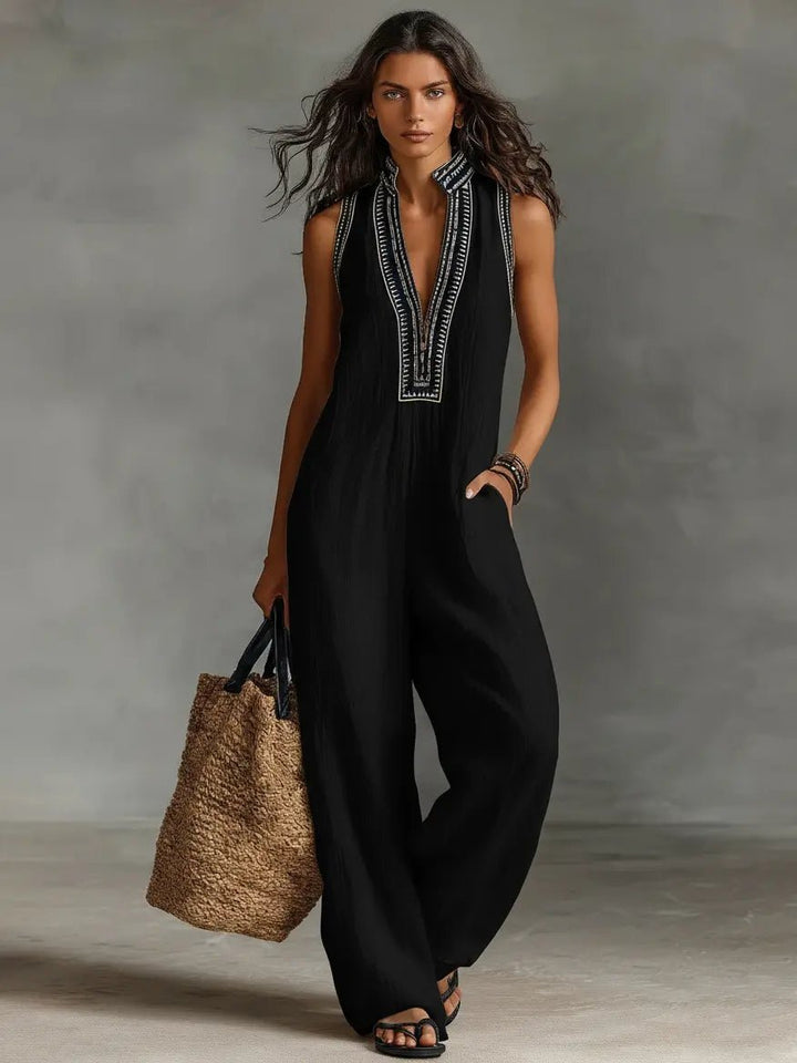Women's Embroidered Linen Blend Sleeveless Wide-Leg Jumpsuit - Black