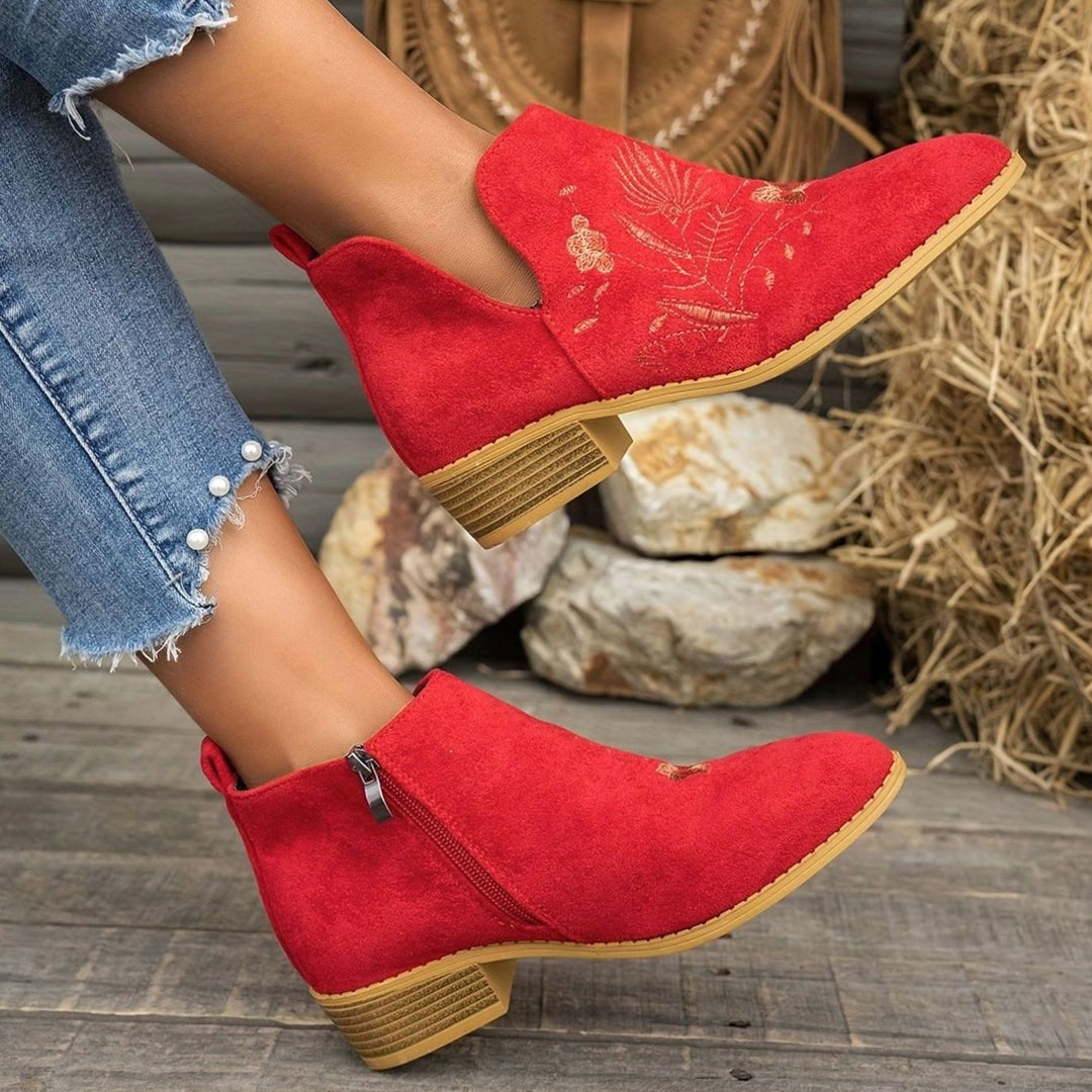 Women's Embroidered Low-Heel Pointed-Toe Ankle Boots