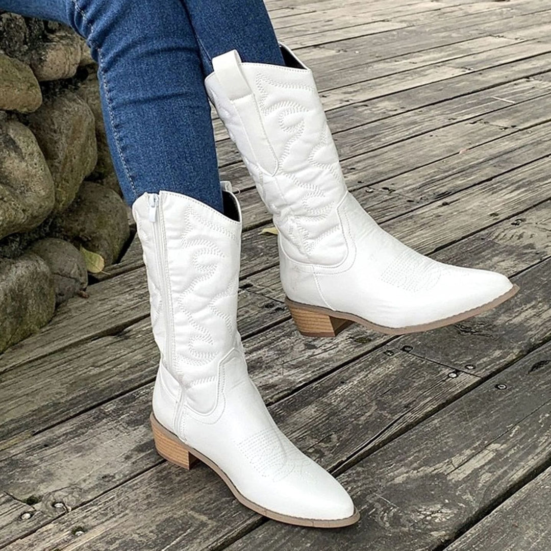 Women's Embroidered Mid-Calf Western Cowgirl Boots - White