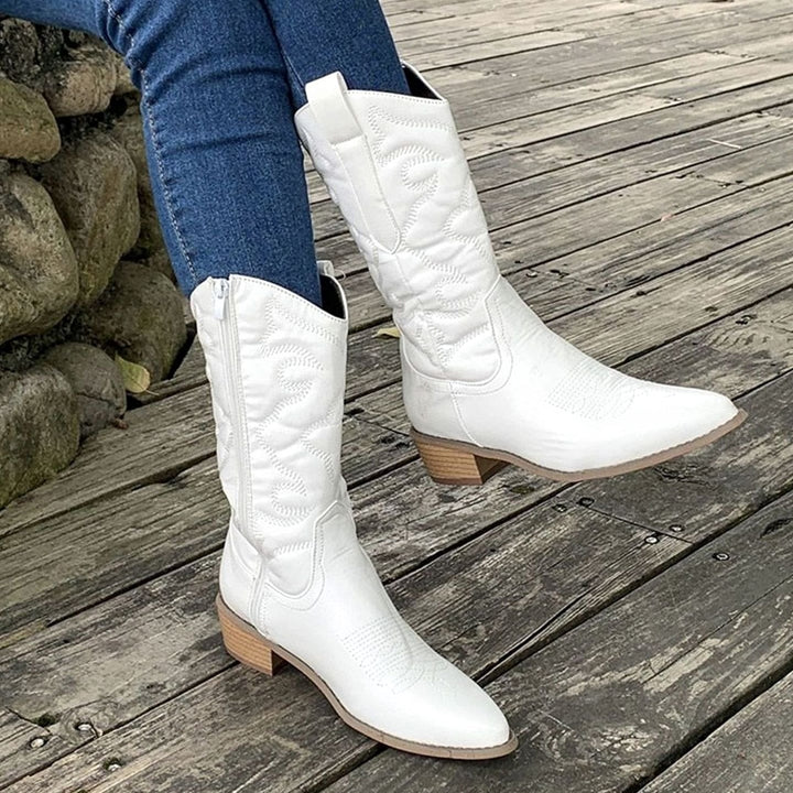 Women's Embroidered Mid-Calf Western Cowgirl Boots - White