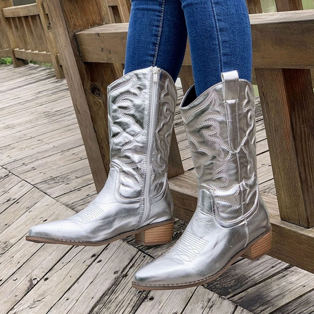 Women's Embroidered Mid-Calf Western Cowgirl Boots - Silver