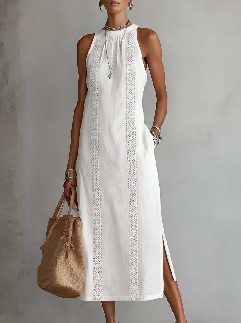 Women's Embroidered Sleeveless Round-Neck Midi Dress - White
