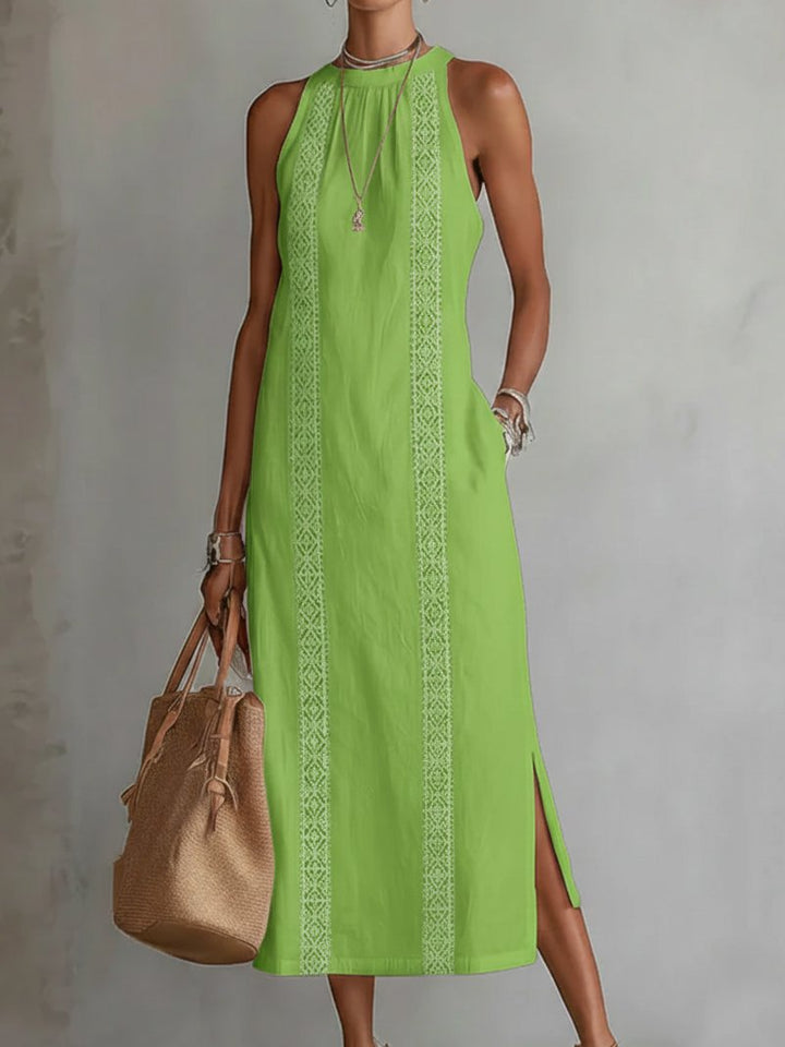Women's Embroidered Sleeveless Round-Neck Midi Dress - Green